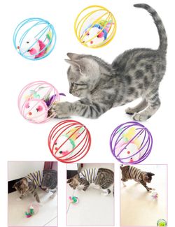 Supawdupaw Caged Mouse Ball with Feather, 3 Pack of Cat Toys