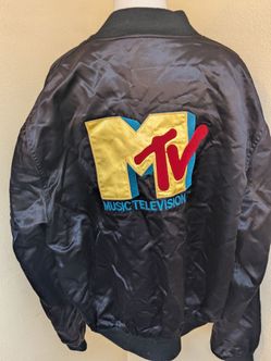 Vintage MTV Music Television Satin Bomber Jacket Black Embroidered Size L Matthew