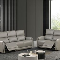 Brand New Gray Leather Power Reclining Sofa & Loveseat 