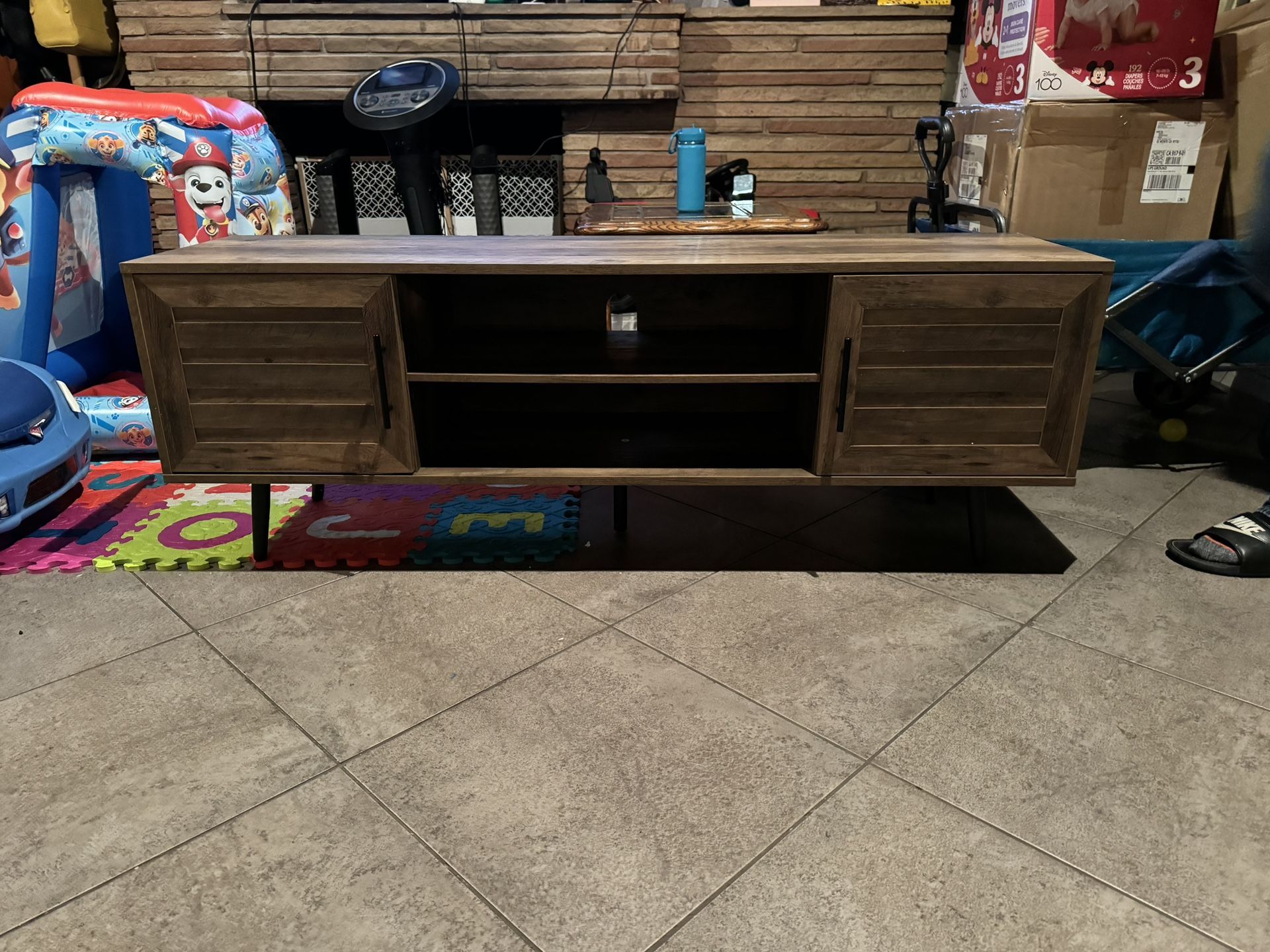 Mid Century Modern TV Stand, Wood TV Stand with Storage Cabinet and Open Shelf for Televisions up to 65"