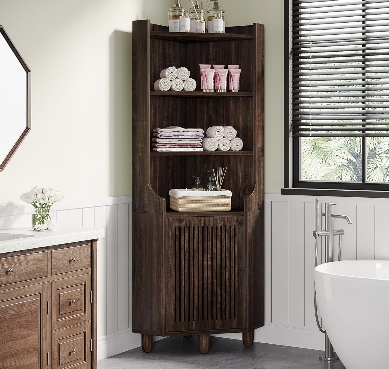 New assembled 68-Inch Tall Corner Cabinet, Farmhouse Wooden Kitchen Storage Cabinet with Doors and Shelves, Freestanding Corner Storage for Living Roo