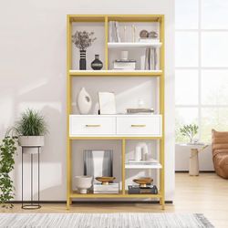 Tall Bookshelf with Storage, Metal Frame Open Display Shelves, Freestanding Display Shelving with Drawers, for Office Lving Room Bedroom.  #B2