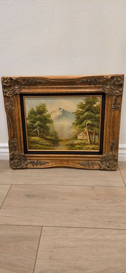 Vintage Serene Landscape Hand Painting With Ornate Gold Wood Frame 20x24 inches