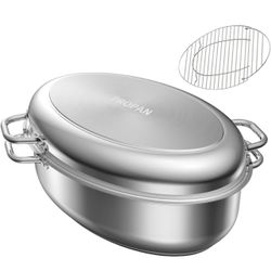 PROPAN Roasting Pan with Rack and Lid 12 Quart,18/10 Stainless Steel Multi-Use Oval Dutch Oven, Induction Compatible Dishwasher/Oven Safe Turkey Roast