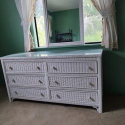 White Wicker Chest And desk With Chair 