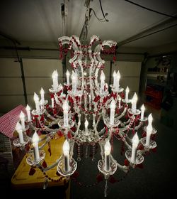 Extremely Large Maria Theresa Crystal Chandelier W 52" H 49" With Ruby Red Crystals /Silver, 37 Bulb