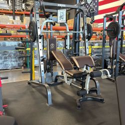 MARCY MD-9010G- Home Gym Smith Machine Squat Rack Power Cage with Olympic Bench  