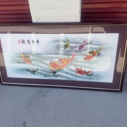 Vintage Silk koi sewing Fish In Frame 