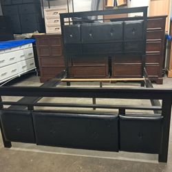 Black Leather Queen Size Bed Frame with Storage and Bench
