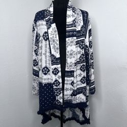 Solitaire Womens Blue and White Open Front Bohemian Kimono Sleeve Size: M