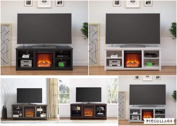 Electric Mantel Media TV Storage Stand in Black, White, Brown Wood