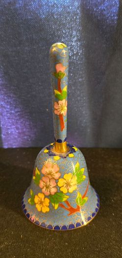 Vintage 5" Blue Cloisonné Enamel Brass Hand Bell