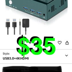 EVATEK - HDMI KVM Switch 2 Monitors 2 Computers 4K@60Hz, USB3.0 KVM Switch Dual Monitor with 3 USB 3.0 Ports Sharing Keyboard and Mouse, Printer/Scann