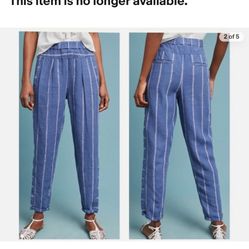 Anthropologie Womens XS Blue Striped Coastal Grandma Pull On 100% Linen Pant 