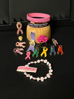 11 Awareness Ribbon Lapels BCRF Show Your Support Bracelet, Pink Roses Ring PLUS
