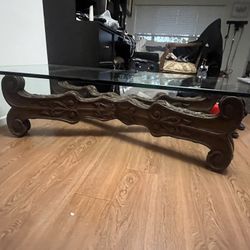 Vintage Glass Top Coffee Table With Ornate Wooden Base