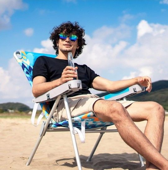 Blue Tall Folding Beach Chair Lightweight 17 Heavy Duty 500 LBS