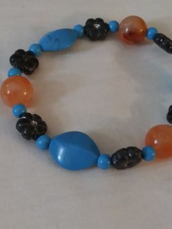 Handcrafted Floral Beaded Stretch Bracelet Blue Orange 3"-5" Diameter