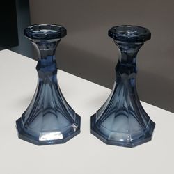Pair Fostoria Virginia 5 7/8" Dark Blue Glass Candle Holders 
