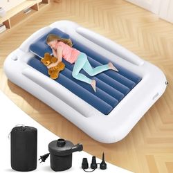 Inflatable Toddler Travel Bed - 60 Inches Portable Toddler Bed for Travel with Safety Sides - Cozy Kids Air Mattress Set with Built-in Electric Pump &