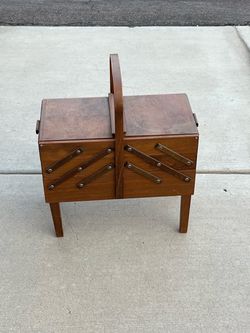 Vintage Antique accordion style Wooden sewing box / cabinet w/ sewing materials