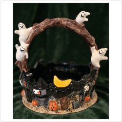 Spooky Ceramic Haunted House & Ghost Basket – Halloween Decor Accent Bowl