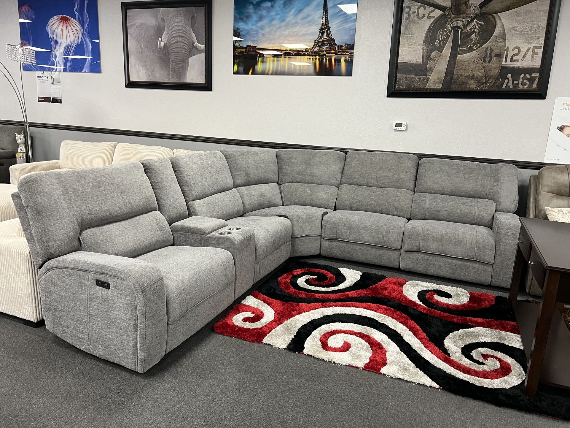 Gray Sofa Sectional w/ 3 Power Motion Recliners & Drop Down Cup holder π₯SALEπ₯