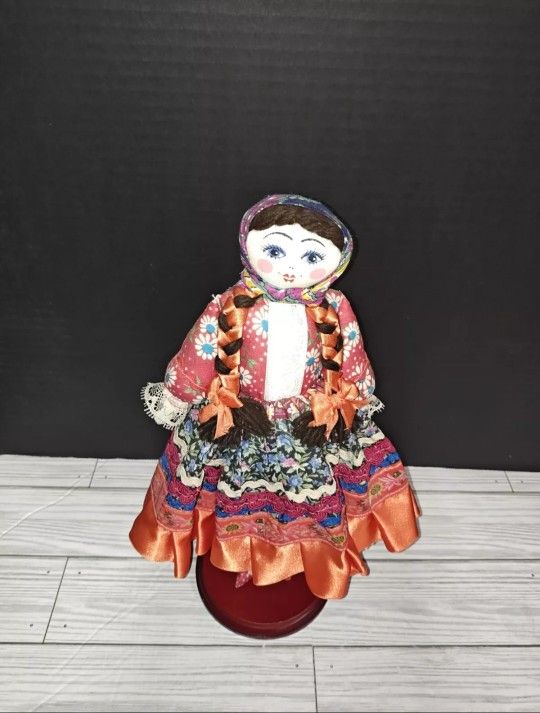 Russian Handmade Collectible Cloth Rag Folk Doll With Braids Stand Included