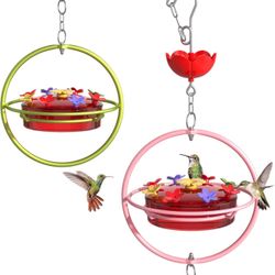 2 Pack Hummingbird Feeder - Wide Mouth Nectar Bird Feeder, Outdoors Hanging with Ant Moat & Easy-Refill Top, Garden Yard Decorative - Pink Metal Frame