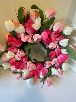 Artificial Tulip Floral Wreath - pink & white,