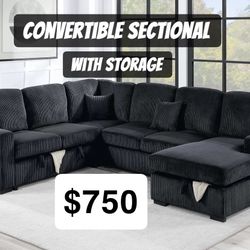 4-Piece Convertible Sectional Sleeper Sofa, Chaise Storage, Sofa Storage & USB Port  