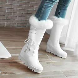 NEW Sz 6.5 Women WATERPROOF Insulated Winter Snow Boots Mid-Calf Wedge Slip-on on-slip Thick Rabbit Fur Collar Warm Stretch Leather