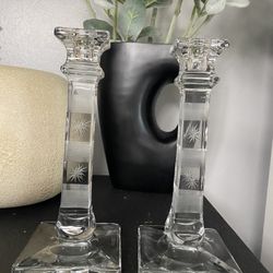 Two Beautiful Crystal Glass Candle Holders With Etched Stars 