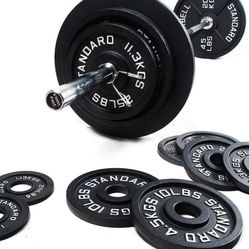 Olympic cast iron weight plate set 245 lbs plus 45 lb Bar Brand new still in the box!  7ft 45lb  barbell bar 2 x spring clip collars 12 plates