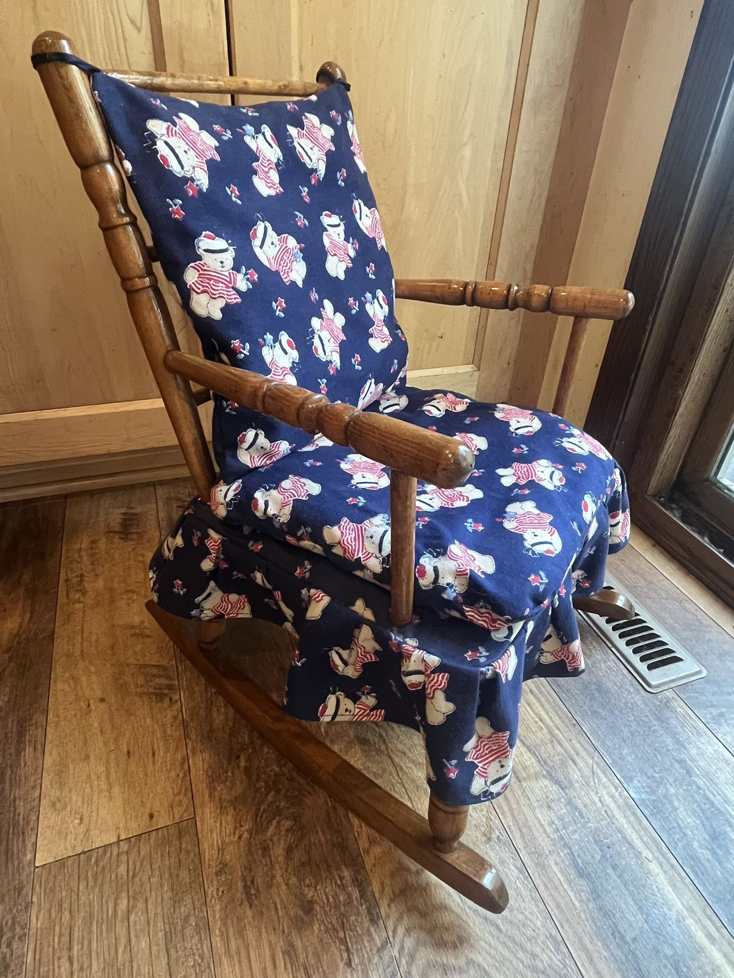 Adorable Children’s Wooden Rocking Chair with Sailor Bear Print