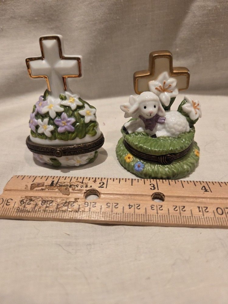VTG Porcelain religious cross hinged Trinket Boxes  Lot Of 2