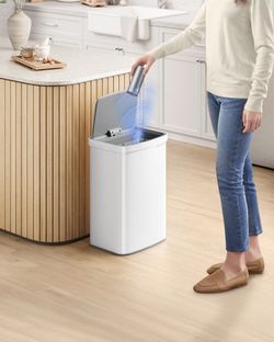 Trash Can, 17.2-Gallon (65 L) Motion Sensor Garbage Can, Stainless Steel Trash Bin, Ozone Odor Control, Stay-Open, Cloud White ULTB670W