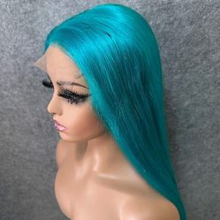 Teal blue human hair lace frontal wig 13x6