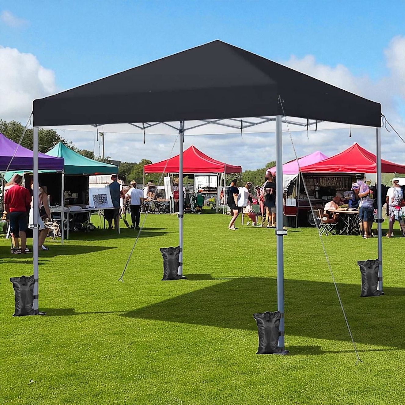 12x12 Pop Up Canopy Easy Set-up Tent, Portable , Heavy Duty  Gazebo with Wheeled Bag & 4 Sandbags , Black J-10