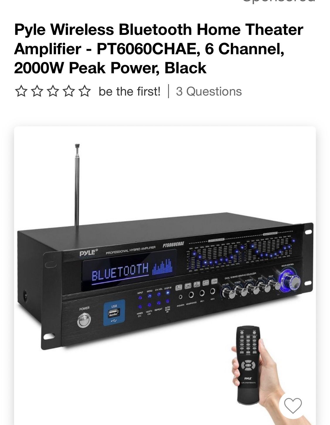 Pyle Wireless Bluetooth Home Theater Amplifier - PT6060CHAE, 6 Channel, 2000W Peak Power, Black