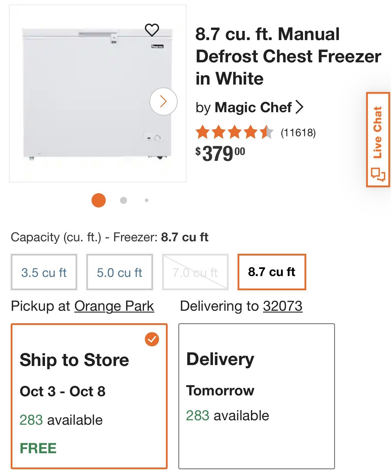 Magic Chef 8.7 cu. ft Chest Freezer -White