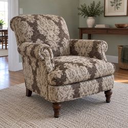 Brown & Cream Damask Accent Chair – Rolled Arms