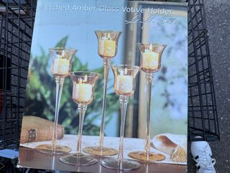 Etched Amber Glass Votive Holder Gift Set