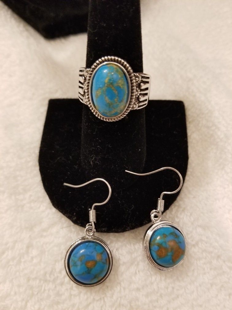 Copper Turquoise Ring Size 8 and 9 and 10 and Earrings 925 Sterling Silver