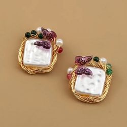 Fashion Handmade Big Size Flower Baroque Pearl Golden Color Flat Block Square Stud Earrings