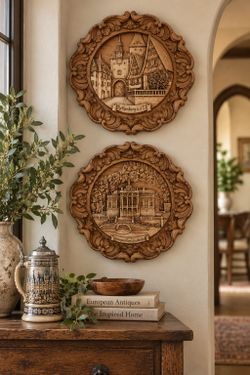 Set of 2 SiC Tradition German 3D Wall Plaques – Rothenburg & Linderhof Palace – Faux Carved Wood
