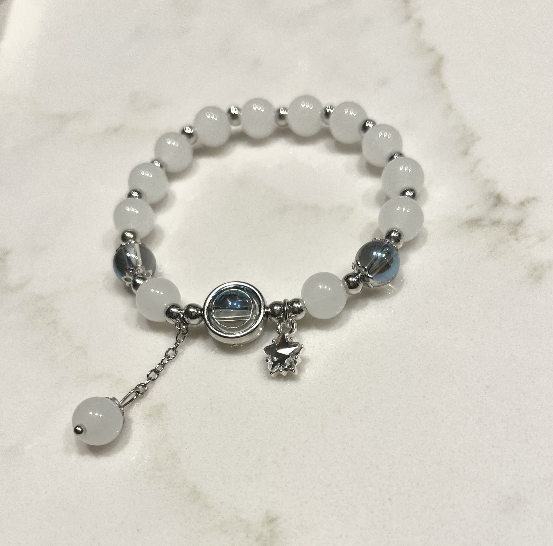 Elegant White and Silver Bracelet with Shiny Star Charm Handmade