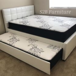 Full Twin White Trundle Bed With Ortho Mattress Included 