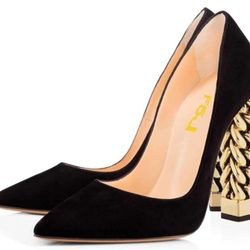 FSJ Women Gold Metal Chain Chunky High Heel Pointed Toe Slip On Fashion Party Prom Pumps Prom Shoes Size 8