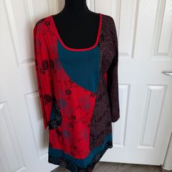Artisan Handmade Red & Teal Floral Layered Lunieva Boho Dress Size Large
